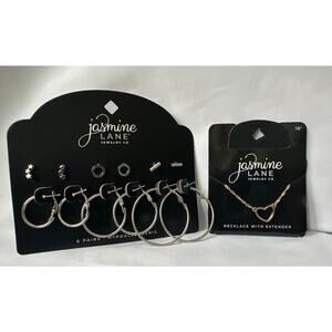 New Silver Hoop & Stud Earring Set with Gold Heart Necklace by Jasmine Lane